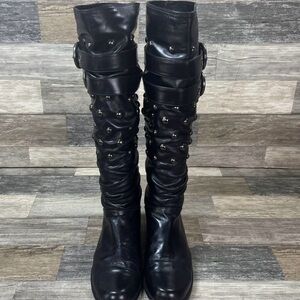 Stuart Weitzman Spanish Black Calf Leather Knee High Studded Boots Size 7 M.